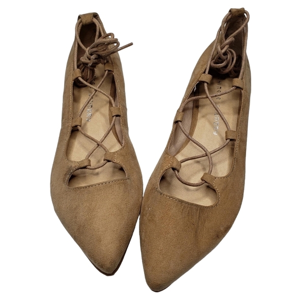 Chinese Laundry | Tan Neutral Vegan Suede Pointed Toe Lace Up Flats Women's 7.5 - Picture 4 of 14